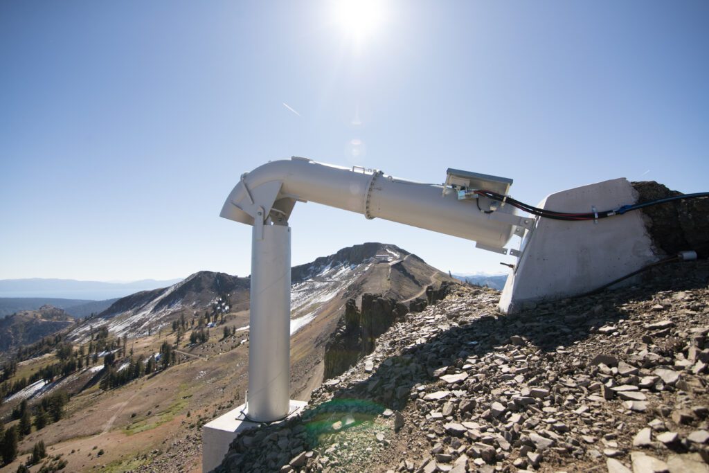 A Gazex exploder, used to conduct avalanche mitigation remotely, sits on top Palisades Tahoe